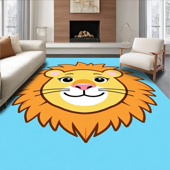 ODIKA 4'x6' Machine Washable Non-Slip Area Rug, Cute Nursery Savanna Portrait With Playful High Traffic Rug with Pad, Orange, 720435