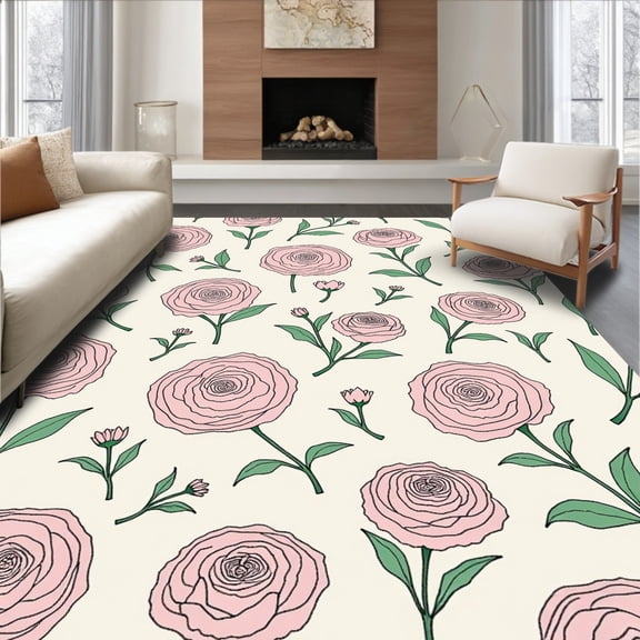 ODIKA 4'x6' Machine Washable Non-Slip Area Rug, DIY Embroidery Cushion Cover Vintage Rose Garden Crochet Yarn Assembly High Traffic Rug, Pink, 642715
