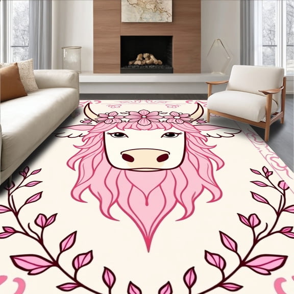 ODIKA 4x6 Machine Washable Non-Slip Area Rug, DIY Latch Hook Kit Highland Cattle with Floral Needlework High Traffic Rug, Pink, 745033