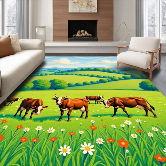 ODIKA 4'x6' Machine Washable Non-Slip Area Rug, Dairy Farm Scene Kit with Pastoral Landscape Design High Traffic Rug, Green, 642817