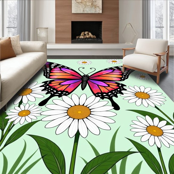 ODIKA 4x6 Machine Washable Non-Slip Area Rug, Daisy Latch Hook Decorative Embroidery Kit High Traffic Rug, Black, 727808