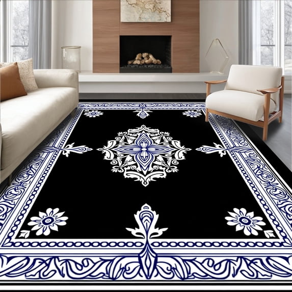 ODIKA 4'x6' Machine Washable Non-Slip Area Rug, Damask Brocade with Classical Revival High Traffic Rug, Black, 567909