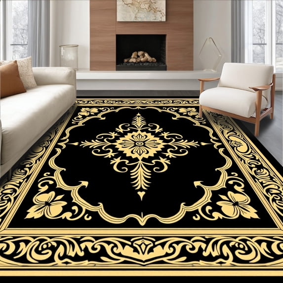 ODIKA 4'x6' Machine Washable Non-Slip Area Rug, Damask Heritage Motif Featuring Symmetrical Floral High Traffic Rug, Black, 462801