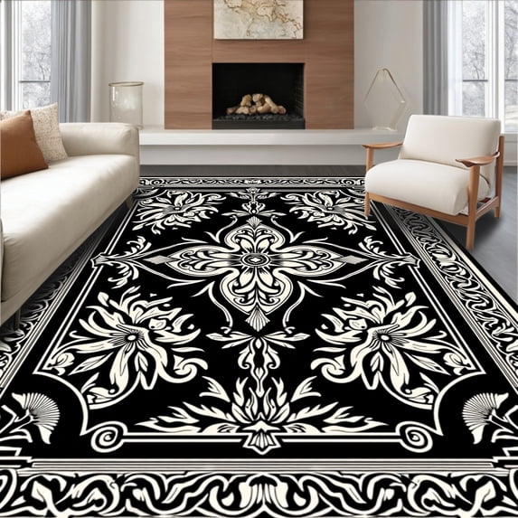 ODIKA 4x6 Machine Washable Non-Slip Area Rug, Damask Inspired Flourish with Traditional Elegance High Traffic Rug with Pad, Black, 464290