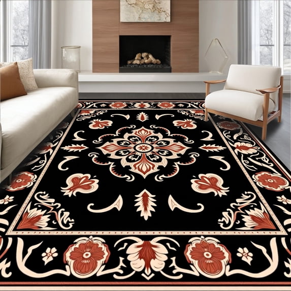 ODIKA 4'x6' Machine Washable Non-Slip Area Rug, Damask Ornamentation with Vintage Floral Filigree High Traffic Rug with Pad, Black, 555645