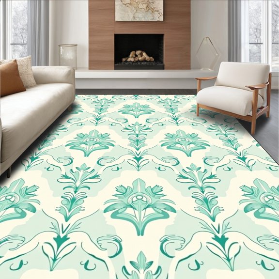 ODIKA 4x6 Machine Washable Non-Slip Area Rug, Damask Scroll with Ornate Victorian Flourishes High Traffic Rug, Green, 489631
