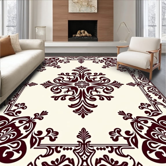 ODIKA 4'x6' Machine Washable Non-Slip Area Rug, Damask Super Absorbent Bath with Foundation High Traffic Rug, Beige, 706381