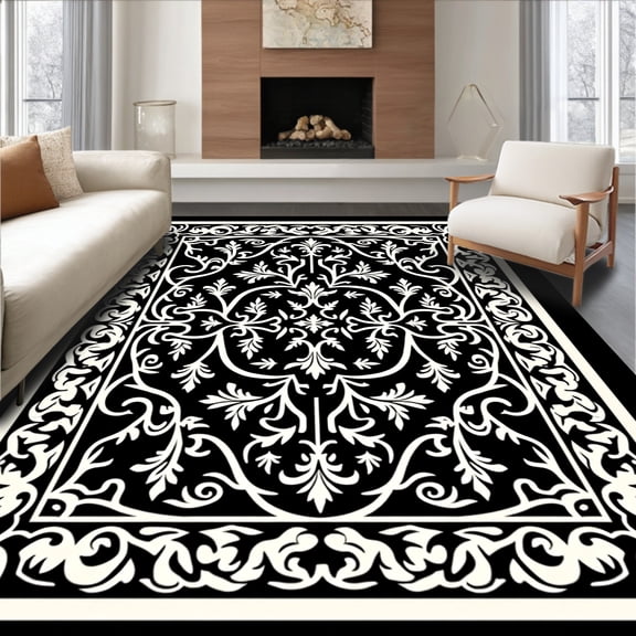 ODIKA 4'x6' Machine Washable Non-Slip Area Rug, Damask Vinework with Rococo Leaf and Fleur de High Traffic Rug, Black, 665221