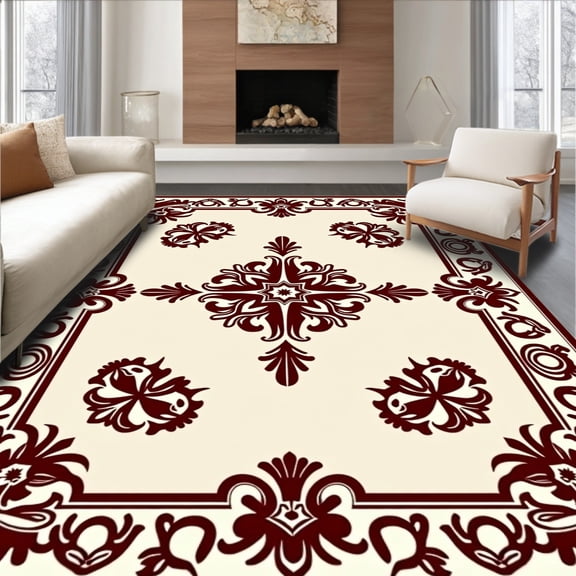 ODIKA 4'x6' Machine Washable Non-Slip Area Rug, Damask with Botanical High Traffic Rug, Brown, 665714