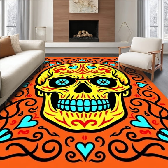 ODIKA 4'x6' Machine Washable Non-Slip Area Rug, Day of Dead Sugar Skull Loom Weaving Decorative Cushion Art High Traffic Rug, Orange, 634037