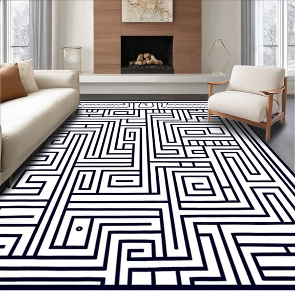 ODIKA 4'x6' Machine Washable Non-Slip Area Rug, Decorative Maze Labyrinth Artistic Ornamental Sophisticated High Traffic Rug, Black, 581966