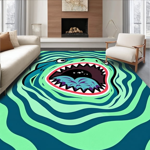 ODIKA 4x6 Machine Washable Non-Slip Area Rug, Deep Sea Predator Mouth Open Creature Nautical High Traffic Rug, Green, 656969