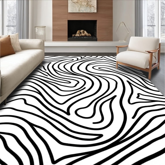 ODIKA 4'x6' Machine Washable Non-Slip Area Rug, Deluxe Spiral Cascade Comfort High Traffic Rug with Pad, Black, 565113