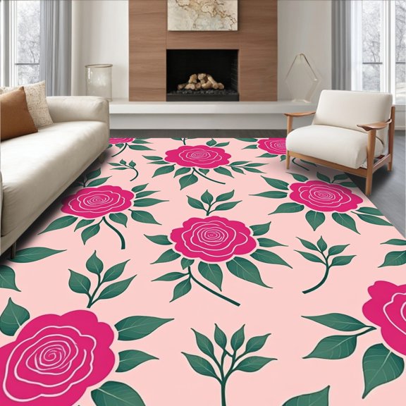 ODIKA 4'x6' Machine Washable Non-Slip Area Rug, Desert Rose Blossom Mosaic Botanical Arrangement High Traffic Rug, Pink, 715581