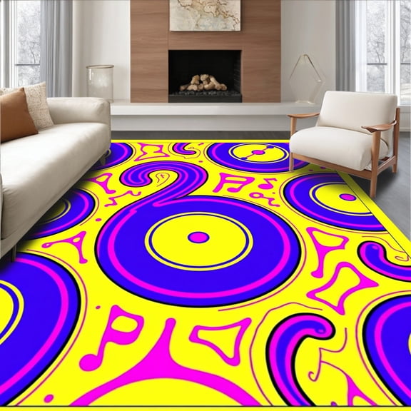 ODIKA 4x6 Machine Washable Non-Slip Area Rug, Disco Vinyl Record DJ Turntable Dance Club Entertainment High Traffic Rug, Yellow, 656913
