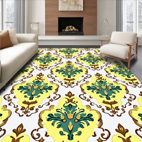 ODIKA 4'x6' Machine Washable Non-Slip Area Rug, Distressed Damask Floor Covering with Finish High Traffic Rug, Yellow, 616563