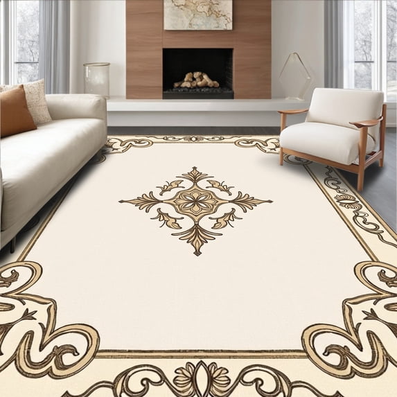ODIKA 4'x6' Machine Washable Non-Slip Area Rug, Distressed Damask Motifs with Faded Elegance Styling High Traffic Rug with Pad, Beige, 466276