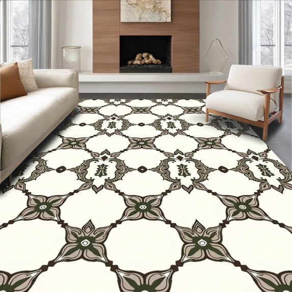 ODIKA 4'x6' Machine Washable Non-Slip Area Rug, Distressed Faded Latticework with Ornate Floral Details High Traffic Rug, White, 564212