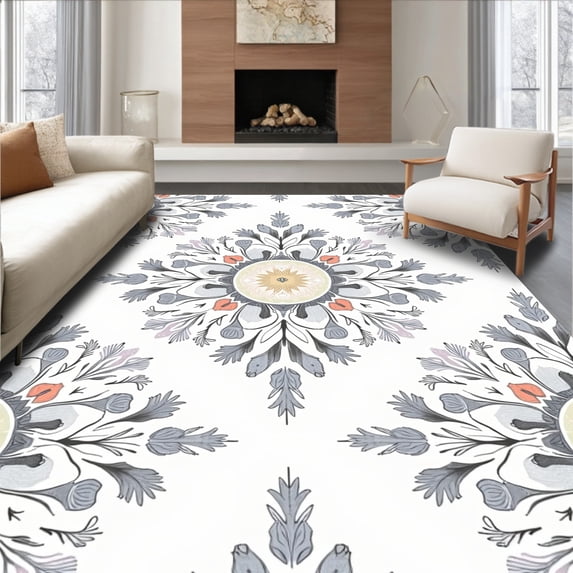 ODIKA 4'x6' Machine Washable Non-Slip Area Rug, Distressed Vintage Floral Medallion Featuring Ornate Botanical Motifs High Traffic Rug, Gray, 568786
