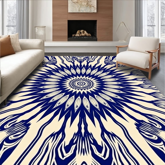 ODIKA 4'x6' Machine Washable Non-Slip Area Rug, Dreamcatcher Sunburst Ethereal Sanctuary High Traffic Rug, Blue, 715835