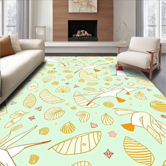 ODIKA 4'x6' Machine Washable Non-Slip Area Rug, Dreams Seashell Mosaic Featuring Lighthouse and Seagull Motifs High Traffic Rug, Green, 716248