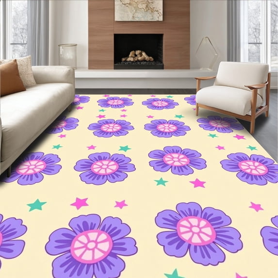 ODIKA 4'x6' Machine Washable Non-Slip Area Rug, Dreamscape Cloudburst with Iridescent Pastel Swirls and Whimsical Motifs High Traffic Rug with Pad, Purple, 498643