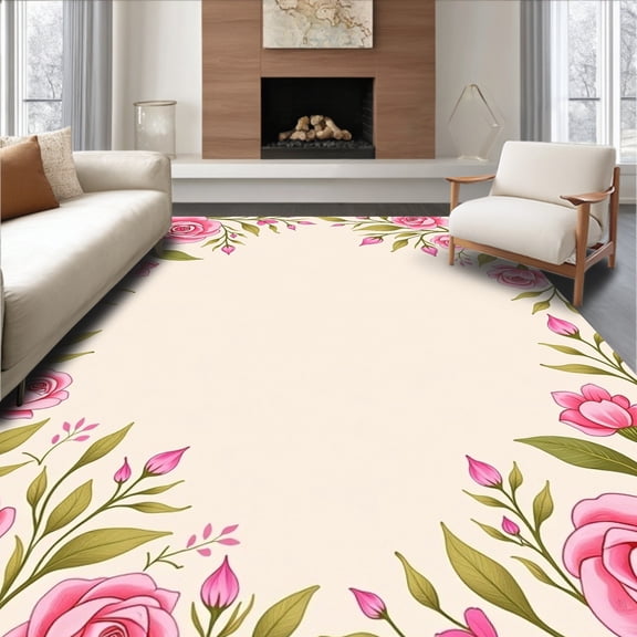 ODIKA 4'x6' Machine Washable Non-Slip Area Rug, Dreamy Botanical Garden Swirl Enchanted Blossom Whimsical Fantasy High Traffic Rug, Pink, 579380
