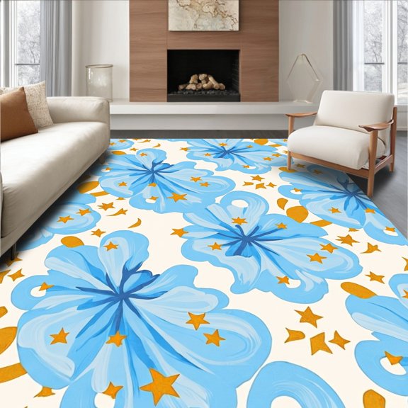 ODIKA 4'x6' Machine Washable Non-Slip Area Rug, Dreamy Cloud Burst Fluffy with Celestial Accents High Traffic Rug, Blue, 489047