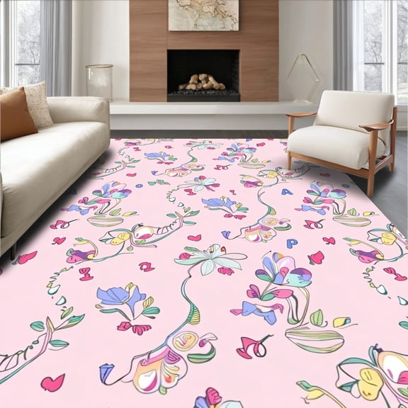 ODIKA 4x6 Machine Washable Non-Slip Area Rug, Dreamy Letter Garden with Counting Butterflies and Playful Train Tracks High Traffic Rug, Pink, 693088