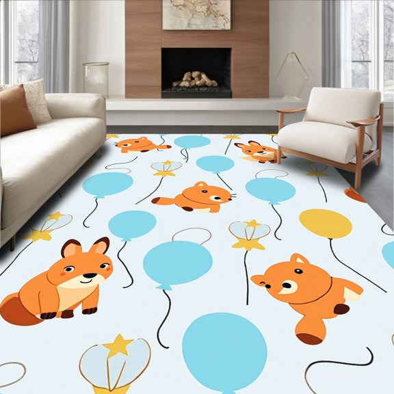 ODIKA 4'x6' Machine Washable Non-Slip Area Rug, Dreamy Woodland Friends Floating Among Stars and Balloons Motif High Traffic Rug, Orange, 682591