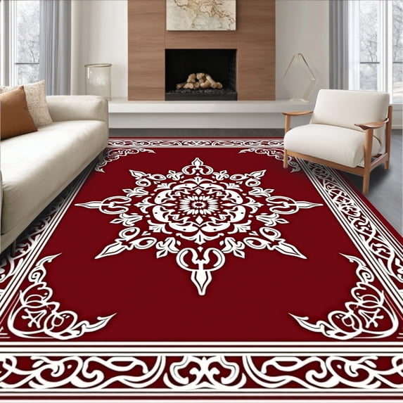 ODIKA 4'x6' Machine Washable Non-Slip Area Rug, Dynasty Medallion Ornate Floral Vine Heritage Art High Traffic Rug, Red, 665708