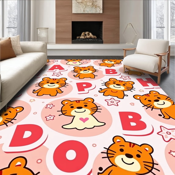 ODIKA 4'x6' Machine Washable Non-Slip Area Rug, Early Childhood Development Letter Practice Floor Covering High Traffic Rug with Pad, Orange, 690753