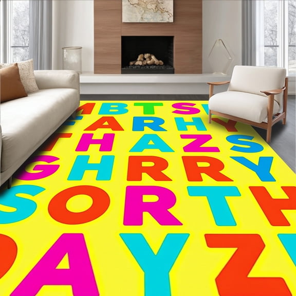 ODIKA 4'x6' Machine Washable Non-Slip Area Rug, Early Literacy Floor Showcasing Colorful Letter Recognition High Traffic Rug, Yellow, 690003