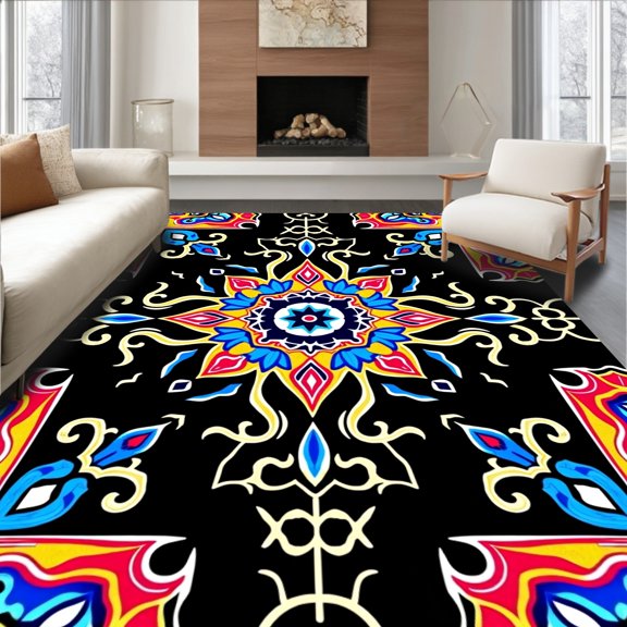 ODIKA 4'x6' Machine Washable Non-Slip Area Rug, Eclectic Boho Medallion Artisan High Traffic Rug, Black, 475095