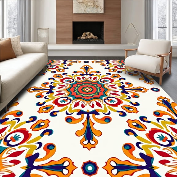 ODIKA 4x6 Machine Washable Non-Slip Area Rug, Eclectic Boho Medallion Swirl Decorative High Traffic Rug, Orange, 660118
