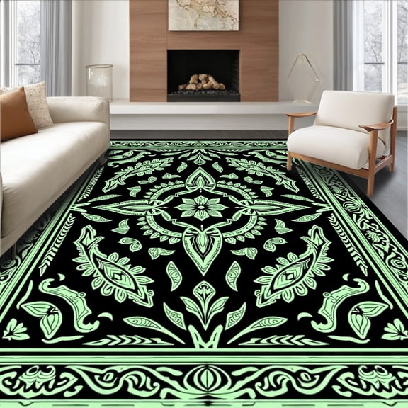ODIKA 4'x6' Machine Washable Non-Slip Area Rug, Eclectic Boho Paisley Whimsical Artisan High Traffic Rug, Green, 503701