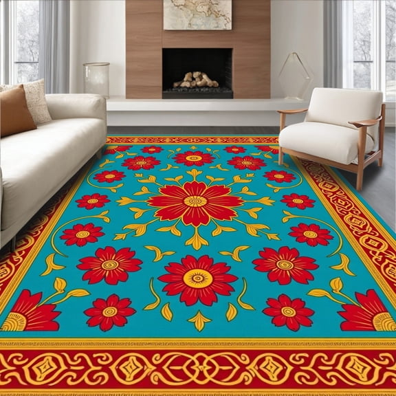 ODIKA 4'x6' Machine Washable Non-Slip Area Rug, Eclectic Botanical Heritage Artisan High Traffic Rug, Turquoise, 581275