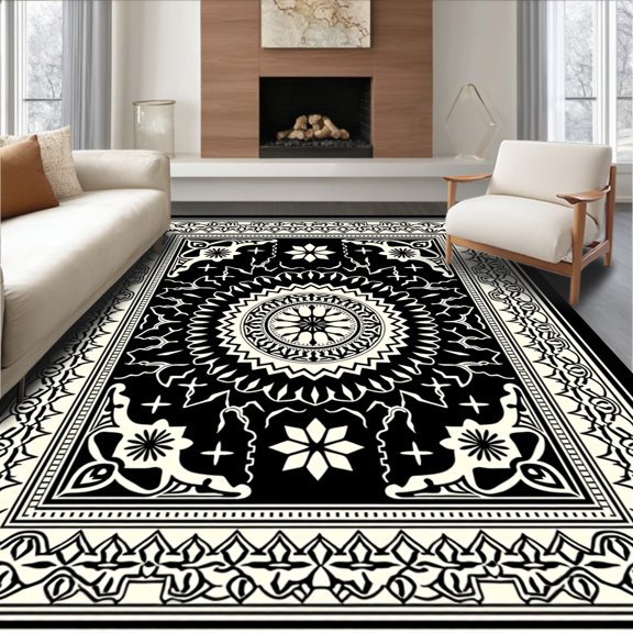 ODIKA 4'x6' Machine Washable Non-Slip Area Rug, Eclectic Medallion Mosaic Decorative Treasure High Traffic Rug, Black, 451984