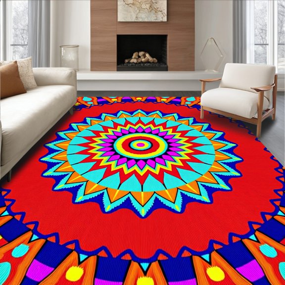 ODIKA 4x6 Machine Washable Non-Slip Area Rug, Eclectic Sunburst Kaleidoscope Accent High Traffic Rug, Red, 591940