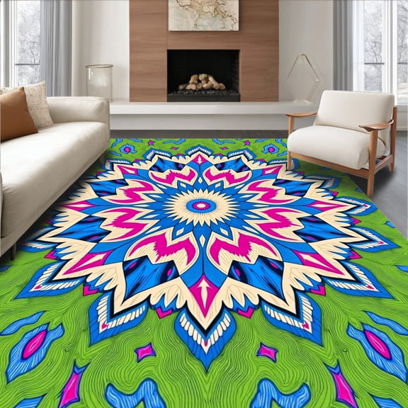 ODIKA 4'x6' Machine Washable Non-Slip Area Rug, Eclectic Sunburst Radial Paisley Ethereal High Traffic Rug, Green, 532711