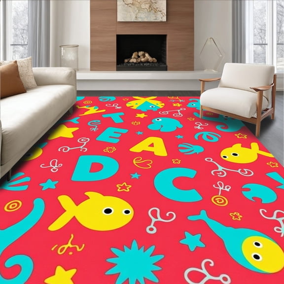 ODIKA 4'x6' Machine Washable Non-Slip Area Rug, Educational ABC Learning Playmat With Vibrant Underwater Sea Creatures High Traffic Rug, Red, 693456