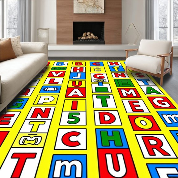 ODIKA 4x6 Machine Washable Non-Slip Area Rug, Educational Alphabet Blocks Vibrant Learning High Traffic Rug, Yellow, 698972
