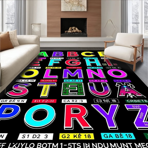 ODIKA 4'x6' Machine Washable Non-Slip Area Rug, Educational Alphabet Learning With Handwriting Practice Guidelines High Traffic Rug, Black, 581744