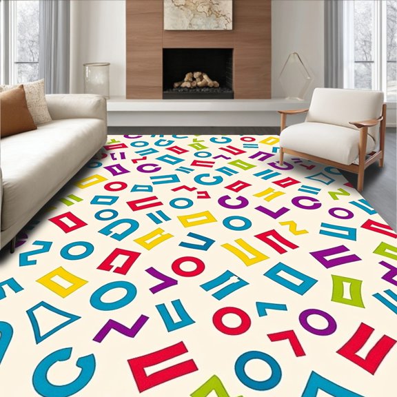 ODIKA 4'x6' Machine Washable Non-Slip Area Rug, Educational Alphabet Mosaic with Cheerful Lettering and Shapes High Traffic Rug, Red, 689886