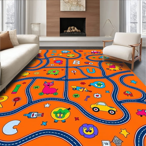 ODIKA 4'x6' Machine Washable Non-Slip Area Rug, Educational Alphabet Transportation Learning Map With Cute Cartoon Animals High Traffic Rug with Pad, Orange, 695229