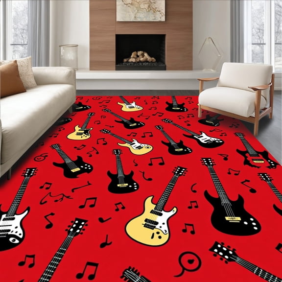 ODIKA 4x6 Machine Washable Non-Slip Area Rug, Electric Guitar Symphony Decorative Artistic Floor High Traffic Rug, Red, 545026