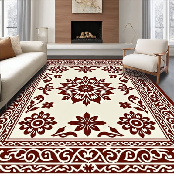 ODIKA 4'x6' Machine Washable Non-Slip Area Rug, Elegant Antiqued Blossom Motif Decoration High Traffic Rug, Brown, 569148