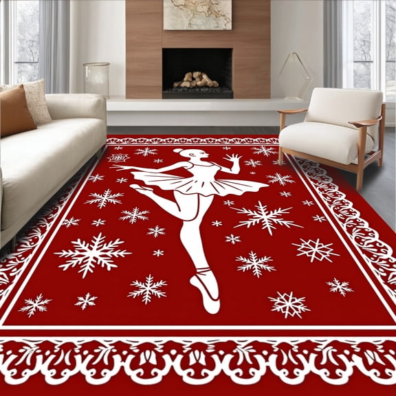 ODIKA 4x6 Machine Washable Non-Slip Area Rug, Elegant Ballet with Festive Snowflake Embellishments Latch Hook High Traffic Rug, Red, 645892