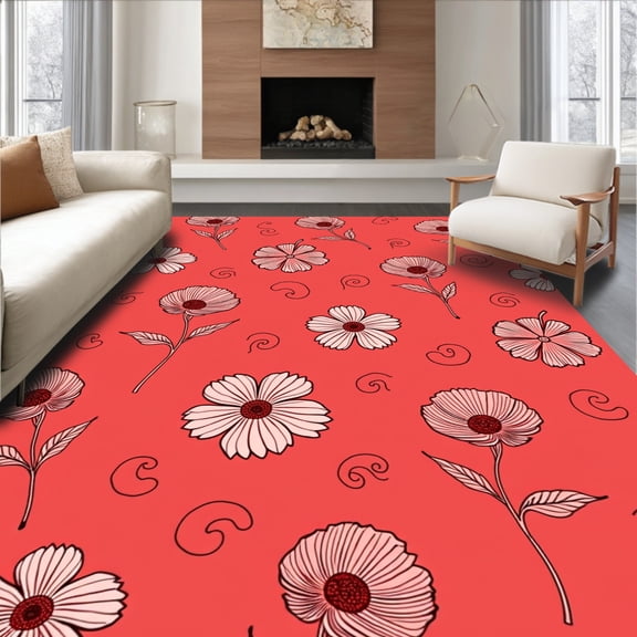 ODIKA 4'x6' Machine Washable Non-Slip Area Rug, Elegant Blooming Petal Arrangement With Artistic Swirling Motifs High Traffic Rug, Red, 466941