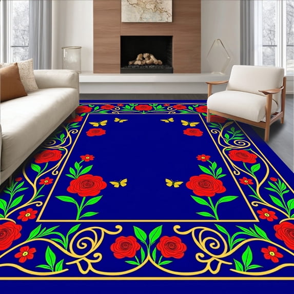 ODIKA 4'x6' Machine Washable Non-Slip Area Rug, Elegant Blossoming Haven Ornamental Display High Traffic Rug, Blue, 663400
